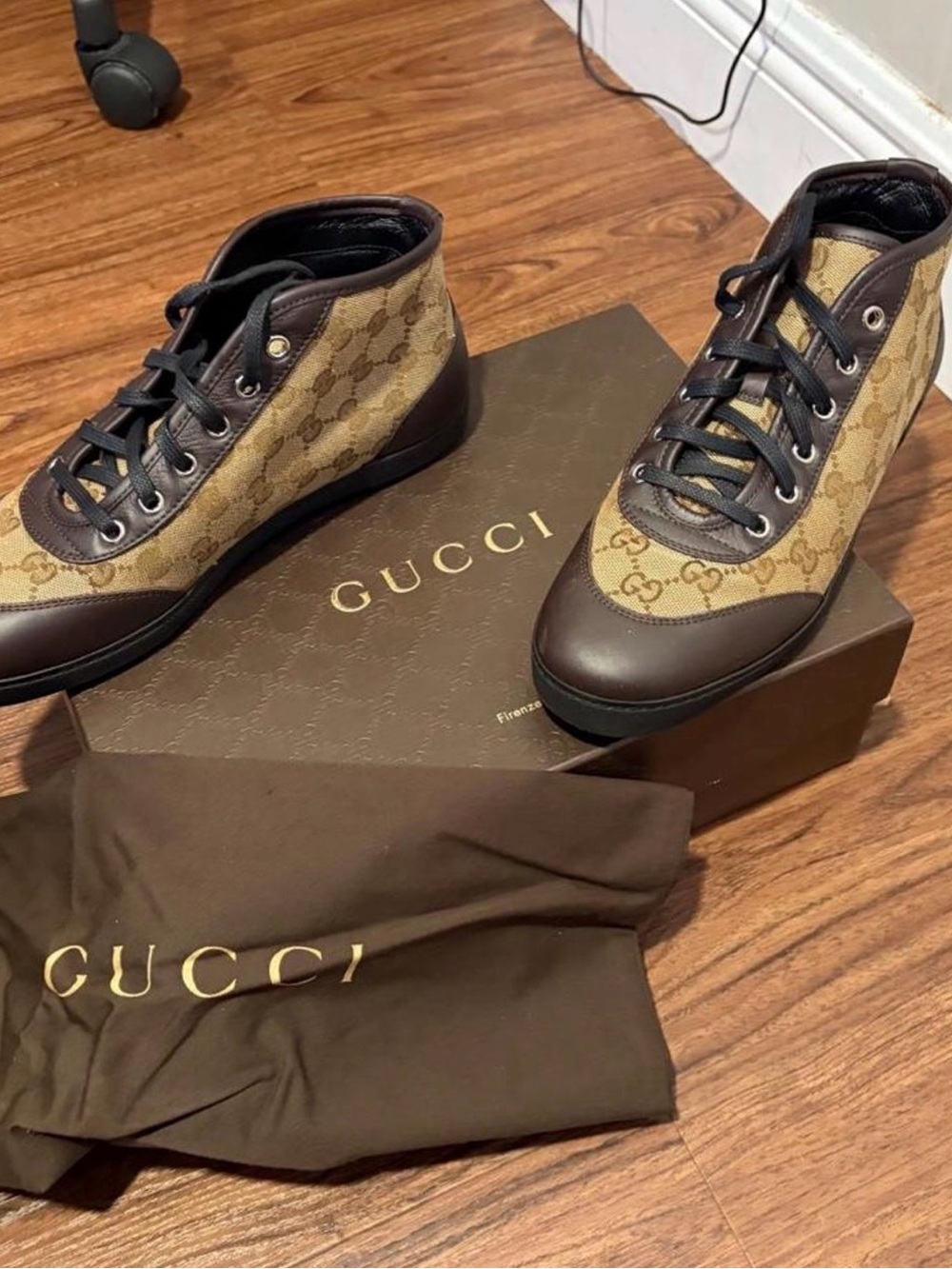 Gucci Brown GG Canvas Ankle Boots with Dark Brown Leather Trim